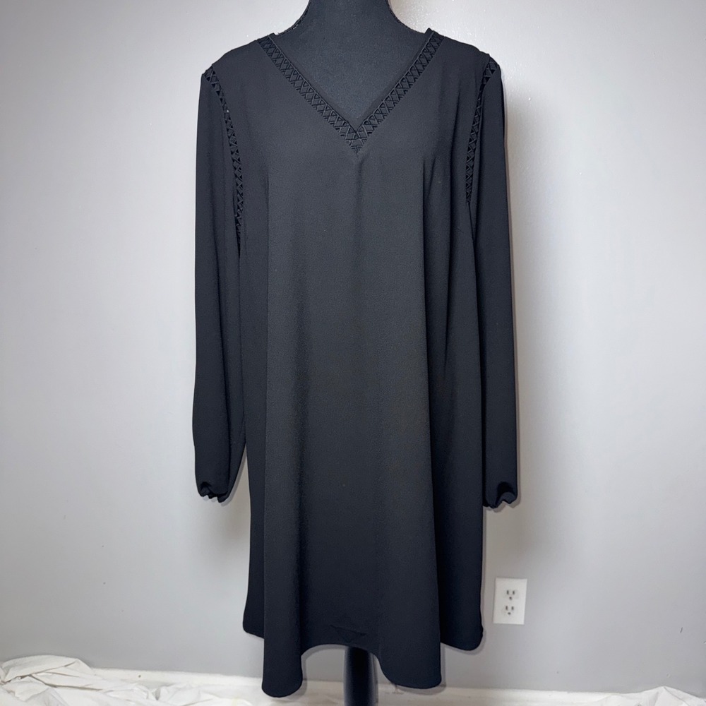 Kaari Blue Black Lattice Trim Lace Up Back Split Sleeve Shift Dress XL NWT